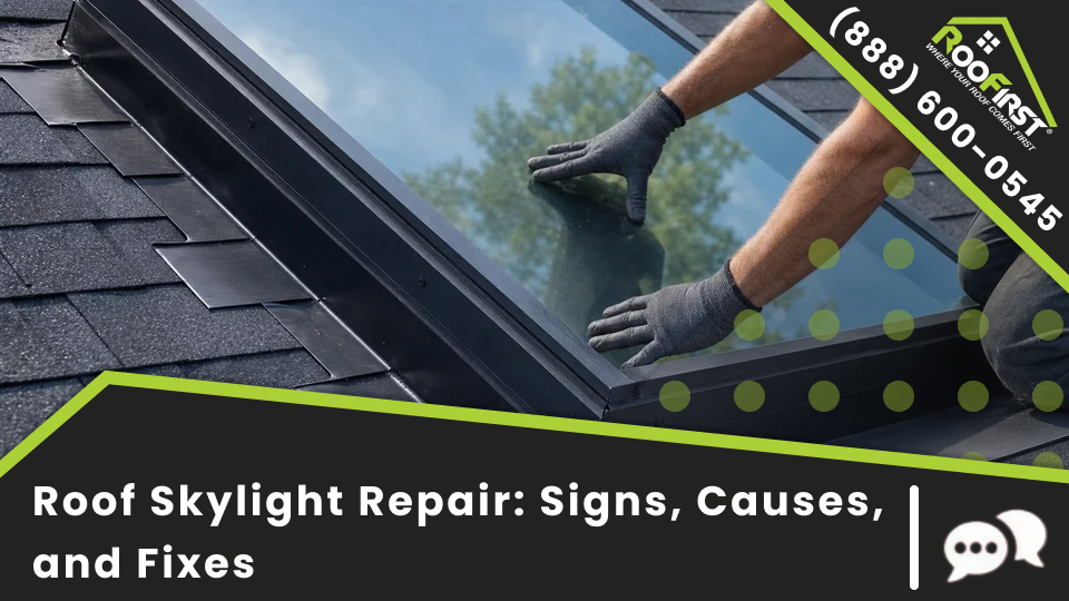 Roof skylight repair on a leaking skylight with skylight flashing problems and skylight replacement cost review.